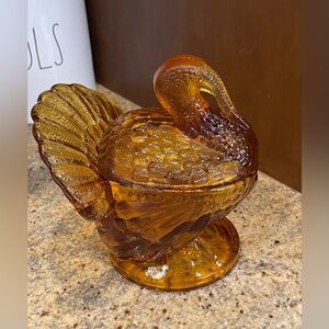 L.E. Smith Vintage Amber Glass Turkey Candy Dish Bowl